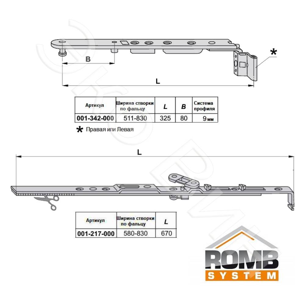 Рычаг ножниц Romb System, 9 мм (верхняя петля створки 511&ndash;830 мм) и Ножницы створки на шине Romb System 580&ndash;830 мм
